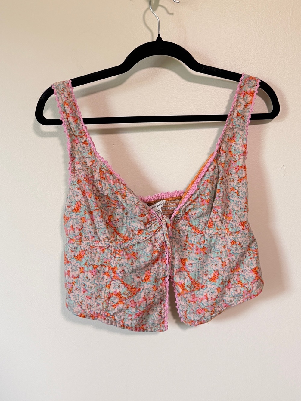 American Eagle bandeau tie crop top boho blouse cotton pink floral size MED